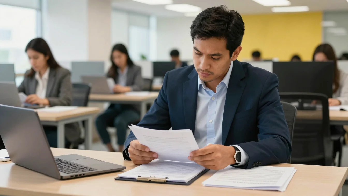 Manos profesionales revisando documentos de gestoría ejecutiva en
