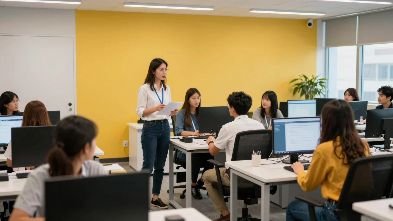 Profesional de gestoría asesorando a un estudiante en un aula de